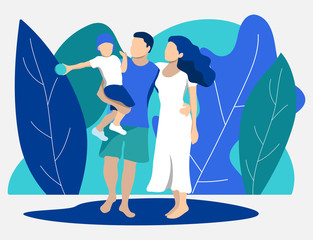 Family of mom, dad and little son on a summer walk. Trendy flat design with curly backings and big leaves on background