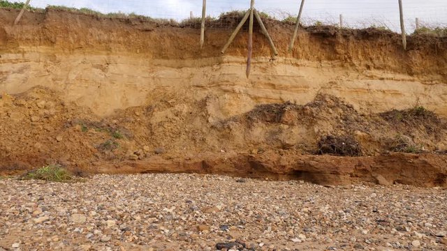 Fence showing where the edge was, now hangs over the edge. Land loss due to coastal erosion and soil erosion is causing the cliff to retreat.
