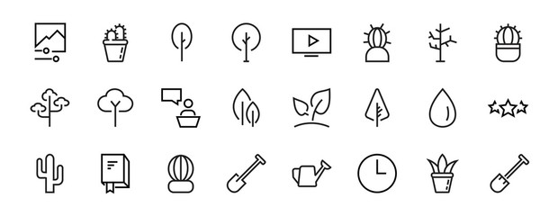   A set of Rosteniya Icons, and garden care, Vector illustration, Contains Icons such as tree, cactus, watering can, spade, flower and much more. on a white background, editable bar 480x480
