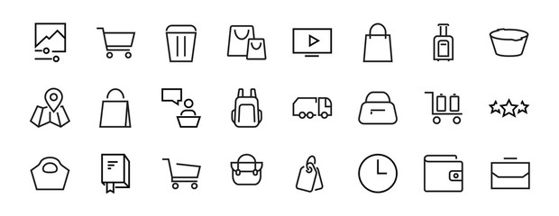 A simple set of bags, shopping and travel icons. Vector illustration Contains icons such as Card, wallet, shopping basket, discount, bowl, package. On a white background, editable stroke. 48x48 pixels