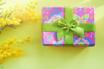 gift box with a branch of mimosa in the sun. concept of festive spring mood