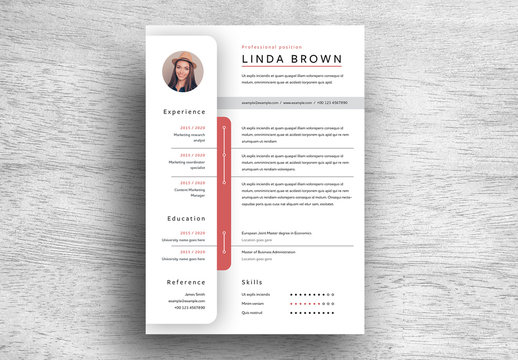Resume Layout with Sidebar Element and Red Accents