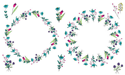 Doodle style flowers. Set of wreaths, small bouquets, branches and elements from bright multi-colored simple flowers on a white background. Hand drawing. Isolated objects.