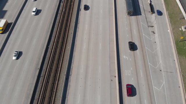 Aerial view of Dan Ryan Expressway and cityscape of downtown in the background, Chicago, Illinois, United States of America