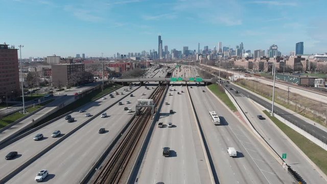 Aerial view of Dan Ryan Expressway and cityscape of downtown in the background, Chicago, Illinois, United States of America