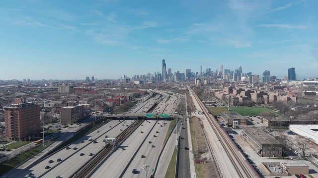 Aerial view of Dan Ryan Expressway and cityscape of downtown in the background, Chicago, Illinois, United States of America
