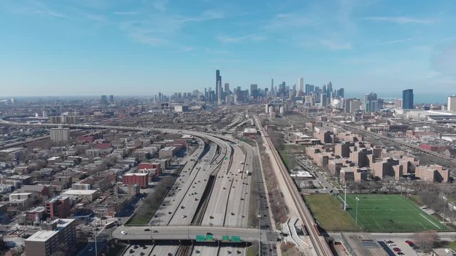 Aerial view of Dan Ryan Expressway and cityscape of downtown in the background, Chicago, Illinois, United States of America