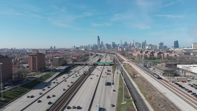 Aerial view of Dan Ryan Expressway and cityscape of downtown in the background, Chicago, Illinois, United States of America