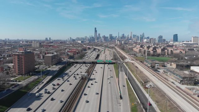 Aerial view of Dan Ryan Expressway and cityscape of downtown in the background, Chicago, Illinois, United States of America