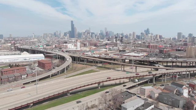 Aerial view of Dan Ryan Expressway and cityscape of downtown in the background, Chicago, Illinois, United States of America