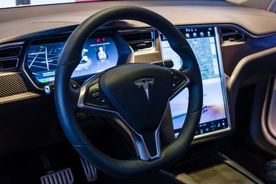 BERLIN - NOVEMBER 09, 2016: Showroom. The dashboard of a full-sized, all-electric, luxury, crossover SUV Tesla Model X. Produced since 2016.