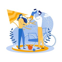 Happy Family with Child Rest on Nature. Cartoon Parents and Baby Having Fun in Park. Father Throws up Little Kid. Mother Launching Kite. Bicycle Trip. Active Recreation. Vector Flat Illustration