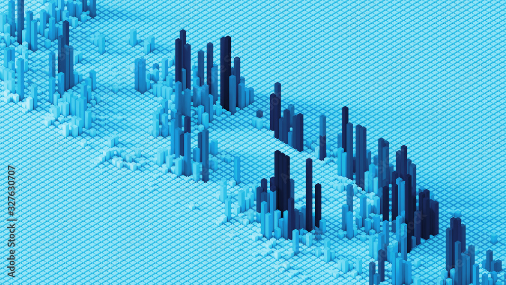 Poster 3d render of grid of blocks with pushing up details. complex digital and analysing concept. technolo
