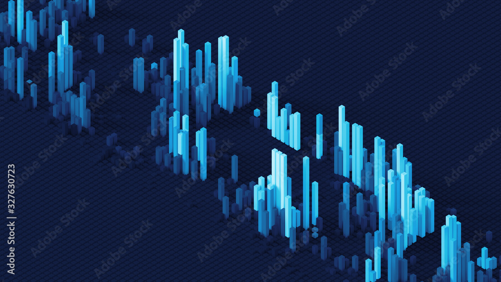 Poster 3d render of grid of blocks with pushing up details. complex digital and analysing concept. technolo