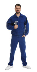 Fototapeta premium Full length portrait of professional auto mechanic with wrenches on white background