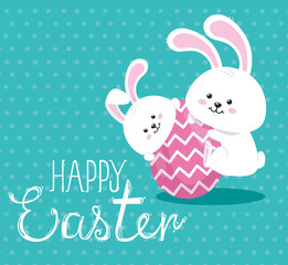 happy easter card with cute rabbits and egg vector illustration design