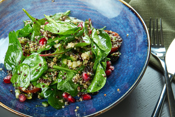 Green salad (spinach) with quinoa and pomegranate seeds in a blue plate on a wooden background. Selective focus. vegetarian.