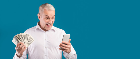 Naklejka premium Happy mature man holding mobile phone and money dollars