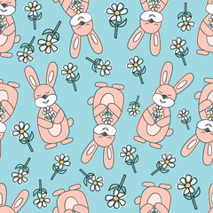 Seamless spring pattern design with cute bunny and chamomile
