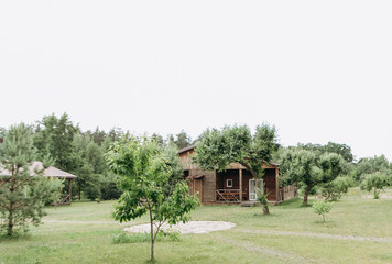 Fototapeta na wymiar wooden houses ecological park with natural vegetation