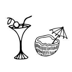 Doodle style cocktail set. Elements are isolated on a white background. Cocktail in a glass and in a slice of coconuts with an umbrella. Stock vector illustration
