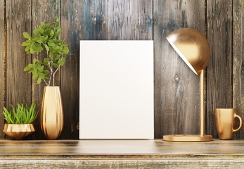 A book template on a shelf among domestic plants. Table lamp. Wooden background. Presentation of the book, advertising. 3D rendering.