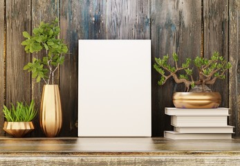 A book template on a shelf among plants. Advertising books, magazines, booklets. Wooden background. 3D rendering