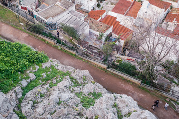 Aerial view of preserved historic buildings in the Plaka neighborhood of Athens, on the slopes of Acropolis, Greece