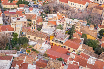 Aerial view of preserved historic buildings in the Plaka neighborhood of Athens, on the slopes of Acropolis, Greece