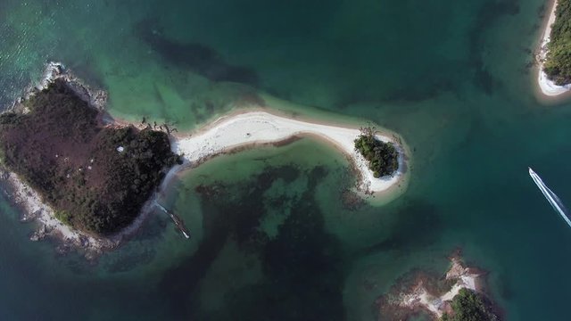 Pak Sha Chau island at Hong Kong bay, with a strip of sand connecting to a small island, Aerial view.