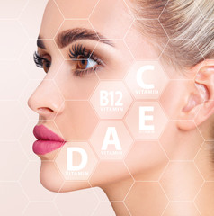 Young woman in honeycombs with graphic icons of vitamins for skin health.