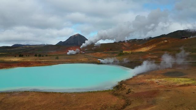 Aerial view of hot Blue Lake in Myvatn Geothermal Area, Iceland.