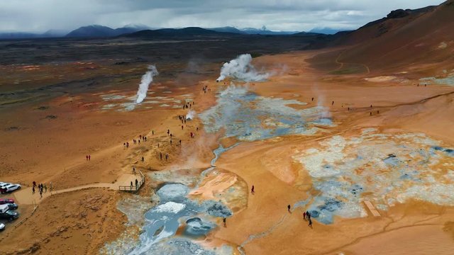Aerial view of hot springs in Hverir, Iceland.