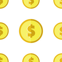 Golden coins with dollar sign seamless pattern. Wrapping background with repeating USA currency symbols. Money icons on white. Vector eps8 illustration.
