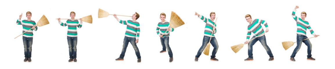 Funny man with mop isolated on white