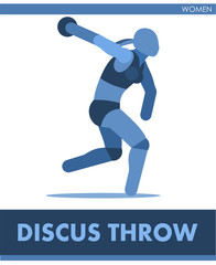 Discus throw pictogram. Woman competes in Throwing disk. Icon of sportsman track and field. Women or girls athletics. Run. International female summer sports. Symbolic image of series.  Vector