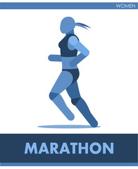 Fototapeta na wymiar Marathon pictogram. Woman competes in race running. Icon of sportswoman track and field. Women or girls athletics. Run. International female summer sports. Symbolic image is one of a series. Vector