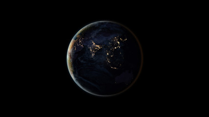 Fototapeta na wymiar Planet Earth at night (also known as Black Marble) centered on the Asian continent. Black background. 3D computer generated image. Elements of this image are furnished by NASA.