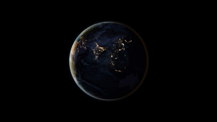 Planet Earth at night (also known as Black Marble) centered on the Asian continent. Black background. 3D computer generated image. Elements of this image are furnished by NASA.