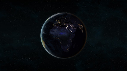 Obraz na płótnie Canvas Planet Earth at night (also known as Black Marble) centered on the African and European continents. 3D computer generated image. Elements of this image are furnished by NASA.