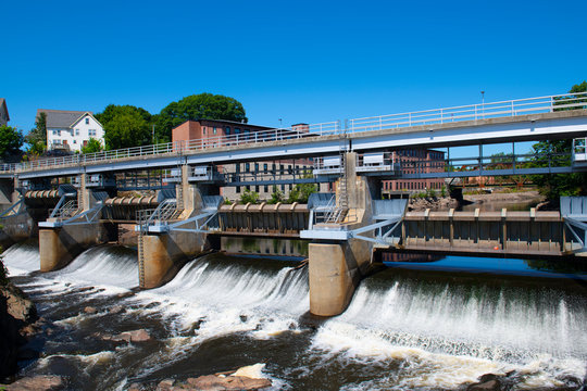 Woonsocket Falls Dam on Blackstone River in downtown Woonsocket, Rhode Island RI, USA.