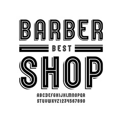 Modern font, trendy alphabet of retro style, uppercase letters from A to Z and numbers from 0 to 9 for you designs: logo, t-shirt, poster, barber shop design, vector illustration 10EPS