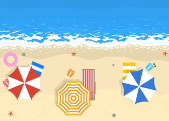 Cartoon Color Beach with Sun Umbrellas Scene Concept. Vector