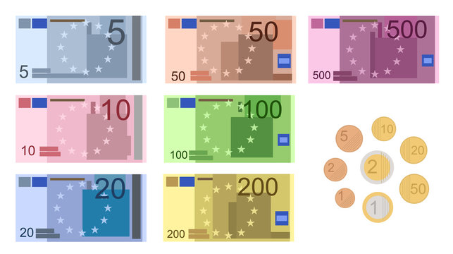 Cartoon Color Euro Banknotes Icon Set. Vector