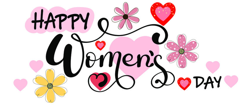 8 March. Happy Women's day card with hearts of love and flowers. Illustration women's day