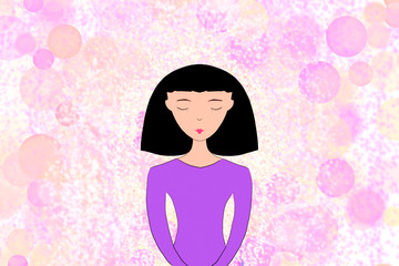 A beautiful brunette woman with a square hairstyle and bangs closed her eyes on a bright abstract background in a purple jacket.