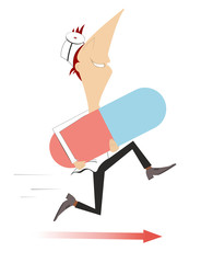 Cartoon hurry doctor with a big pill illustration. Smiling doctor with a big pill runs to render the medical aid isolated on white