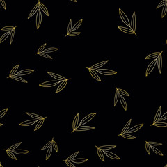 Pattern with gold leaves contour, on a black background, vector illustration for design and decor