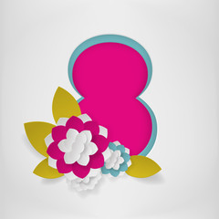Paper cutted 8 march greetings card. Flowers  and leaf on the paper cut eight. Can be used for banners, posters, postcards, presentations and web.