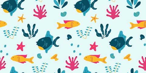 Cute fish seamless pattern design with starfish coral and seashells. Tropical fish design for kids with colorful design. Vibrant and cute vector design for textile wallpaper fabric decor.